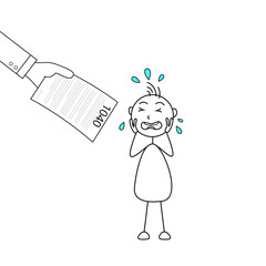 Illustration of a stick figure crying and a hand holding tax form