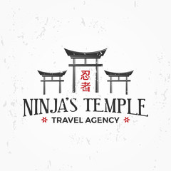 Vintage Japan temple Logo. Ninja insignia badge design. Martial art Team t-shirt illustration concept on grunge background