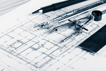 Architect worplace top view.