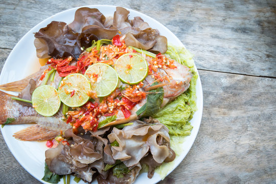 Steamed fish with spicy sauce, Thai style food