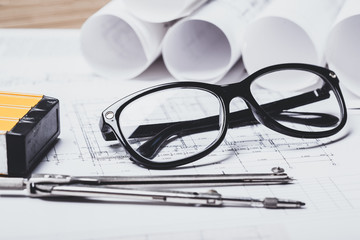 Project drawings and tools, close up