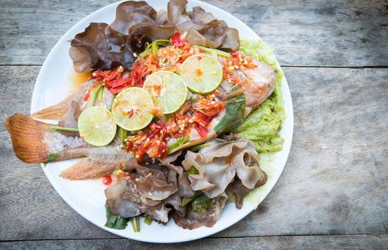 Steamed fish with spicy sauce, Thai food