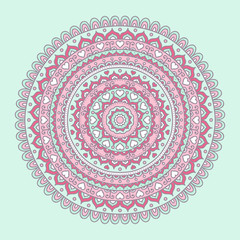 Vector hand drawn doodle mandala. Ethnic mandala with colorful ornament. Isolated. Pink, white, red and green colors. Light pastel colors.