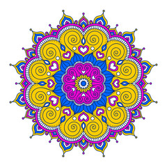 Vector hand drawn doodle mandala with hearts. Ethnic mandala with colorful ornament. Isolated. Pink, white, yellow, blue colors.