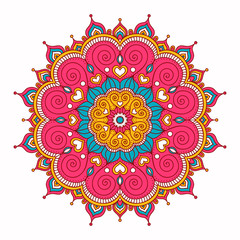 Vector hand drawn doodle mandala with hearts. Ethnic mandala with colorful ornament. Isolated. Pink, white, yellow, blue colors. - 107924275