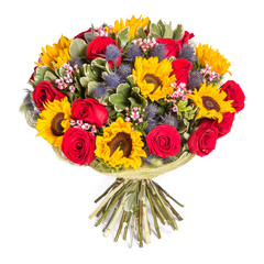 Obraz premium Yellow and red flowers bouquet isolated on white