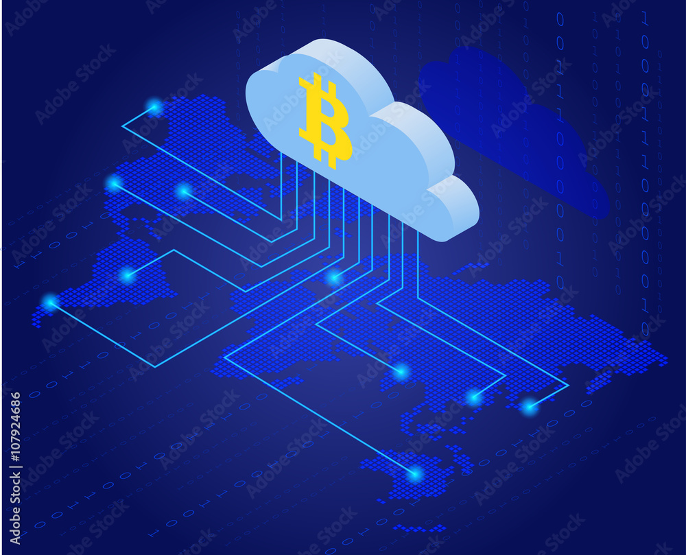 Poster bitcoin in cloud. bitcoin mining isometric flat vector concept. cloud technology. virtual money. fla