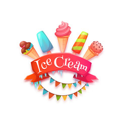 Ice cream banner with red ribbon. Vector illustration.