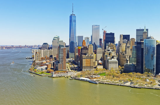 Helicopter view on Lower Manhattan in New York from Hudson
