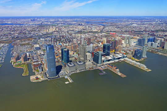 Helicopter view on New Jersey skyline from Hudson