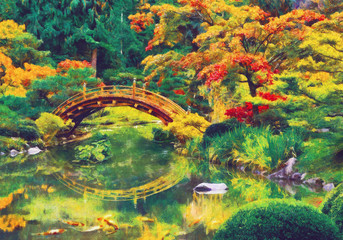 Panele Szklane  Ogród japoński z mostem nad stawem. Cyfrowa imitacja malarstwa olejnego impresjonizmu.