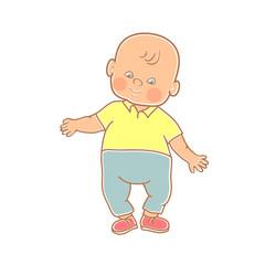 Little lovely baby boy standing. Colorful vector illustration