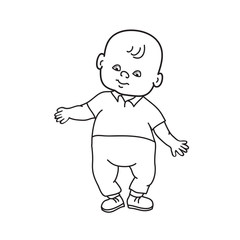 Little lovely baby boy standing. Drawing contour vector illustra