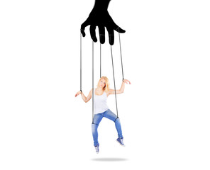Girl being held by strings as a marionette