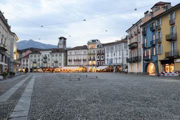 Old houses on piazza grande square at Locarno