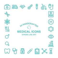 Set of 24 handcrafted medical icons made in colored line art style.
