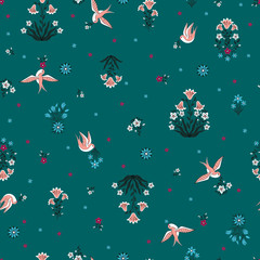 vector seamless gentle romantic little ditsy pattern, wild flowers symmetric bouquets, flying swallow birds, summer mood, colorful background allover print.