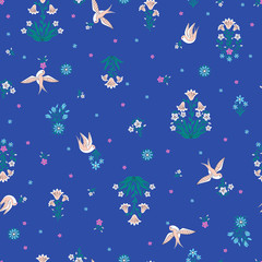 vector seamless gentle romantic little ditsy pattern, wild flowers symmetric bouquets, flying swallow birds, summer mood, colorful background allover print.