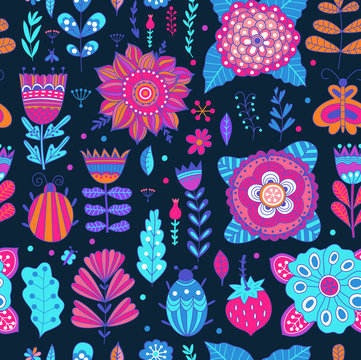 Vector floral pattern design background with butterflies