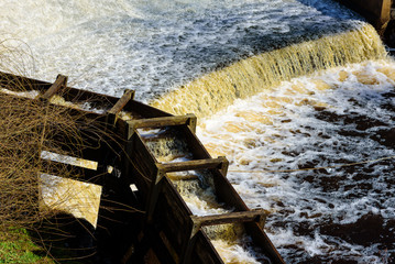 Wooden fish ladder with flowing water beside a reservoir overflow. This helps migrating fish to navigate obstacles in the main waterway. Lyckeby, Sweden.
