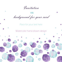 Background, template postcard with the watercolor blue and purple bubbles (spots, blots), hand drawn on a white background, greeting card, decoration postcard or invitation