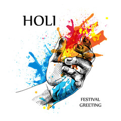 The Holi poster with image of the hands in colors. Vector illustration.