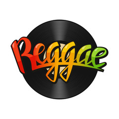 Reggae vinyl disc label. Vector reggae lettering. Rastafarian colors background 