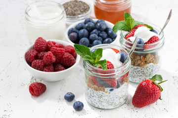 Breakfast in a jar with chia, berries and oat flakes, top view