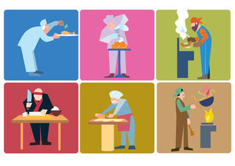 Chefs from around the world prepare their specialties. Vector illustration of chefs at work.
