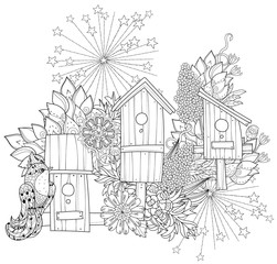 Obraz premium Hand drawn doodle outline spring nesting box decorated with floral ornaments.Vector hand drawn illustration.Floral ornament.Sketch for tattoo, poster, children or adult coloring pages.Boho style.