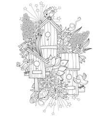 Hand drawn doodle outline spring nesting box decorated with floral ornaments.Vector hand drawn illustration.Floral ornament.Sketch for tattoo, poster, children or adult coloring pages.Boho style.
