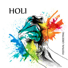 The Holi poster with image of the hands in colors. Vector illustration.