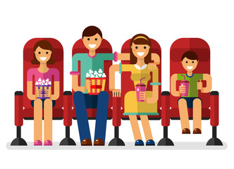 Vector flat style illustration of happy family in the cinema with popcorn and soda watching movie. People, family in the cinema concept isolated on white background.