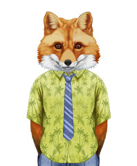 Portrait of Fox in  summer shirt with tie.  Hand-drawn illustration, digitally colored.