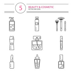 Vector modern line style icons set of beauty, makeup and cosmetics products. Perfume bottle, shampoo, lipstick, lip gloss, nail polish, brushes, hair spray or deodorant spray, oil.