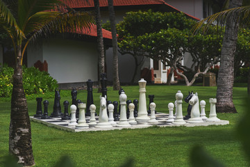 giant chess pieces and chess playing field on a green lawn in a park