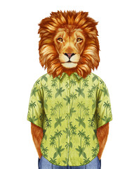 Fototapeta premium Portrait of Lion in summer shirt. Hand-drawn illustration, digitally colored.