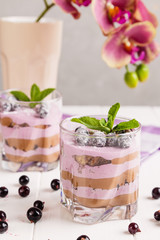 Black currant and chocolate dessert in glass