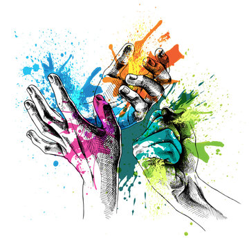 The Holi Poster With Image Of The Hands In Colors. Vector Illustration.