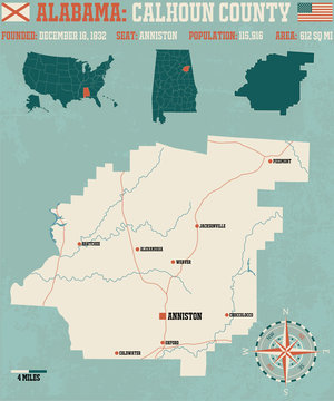 Large and detailed map and infos about Calhoun County in Alabama.