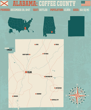 Large and detailed map and infos about Coffee County in Alabama.