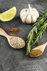 Various spices: rosemary, pink salt, garlic on a dark background