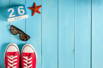 July 26th. Image of july 26 wooden color calendar on blue background. Summer day. Empty space for text. Day Of Esperanto