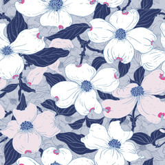 Dogwood seamless pattern.
Hand drawn vector pattern with dogwood blossom motif. - 107938408