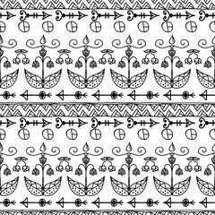 Vintage seamless monochrome ethnic pattern with floral ornament hand. Vector