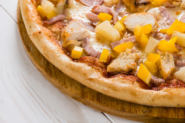 tasty pizza on a white wooden background, mocup