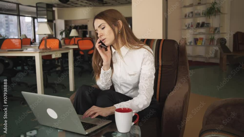 Aufkleber woman working at the big office with panoramic windows . she speaking on the phone and typing on lap