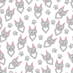 Background cartoon cats and paw prints. Children's pattern with funny cute kitties.