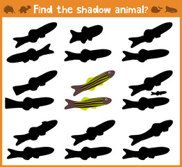 Cartoon vector illustration of education will find appropriate shadow silhouette animal fish. Matching game for children of preschool age. Vector