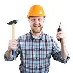 Man in a helmet with a hammer and pliers